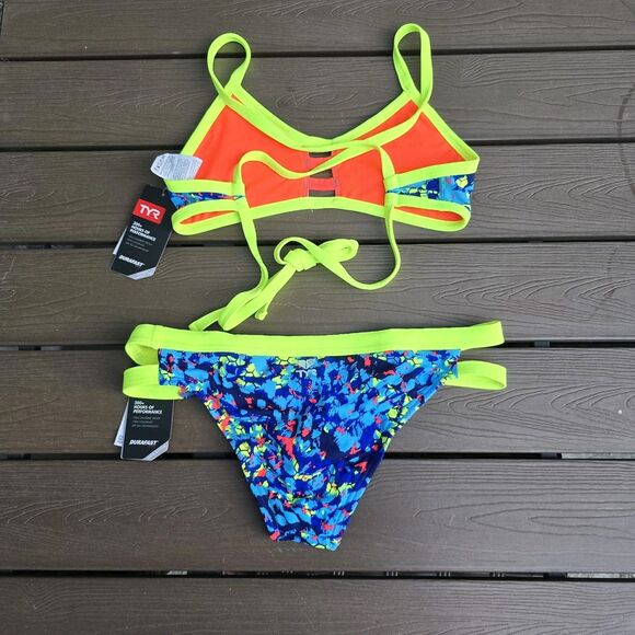 TYR Womens Blue/neon Oceania Crosscutfit Tie Workout Bikini Sz XS New - Picture 2 of 4